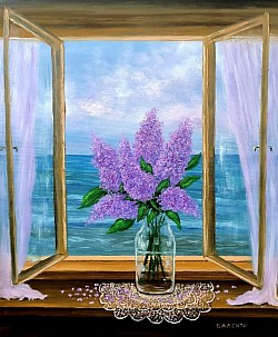 ЛЮЛЯКОВ БРИЗ. Люляк на фона на морето маслена картина. Размер с рамка 70/60 см- 400 лв.-204,50 евро