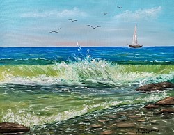 Слънчеви морски вълни маслена картина. Размер с рамка 70/60 см.- 300 лв.-153,40 евроевро