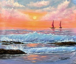 Морски залез и вълни маслена картина. ЦВЕТНО МОРСКО НАСТРОЕНИЕ - размер 70/60 см.-154 евро.