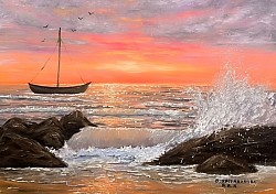 Маслена картина залез и лодка,, Ах, морето! 70/60 см -195 евро