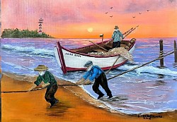 Утрото на старите рибари маслена картина. Размер 70/60 см с рамка-153  евро