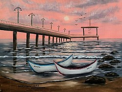 Бургаският мост маслена картина.Розови изгреви над Бургас. Размер 75/60 см с рамка .-150 евро