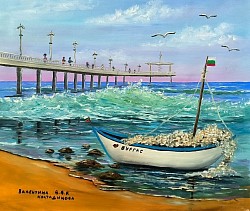 Бургаският мост и лодка маслена картина . Обичам Бургас. Размер 60/50 см.-155 евро.