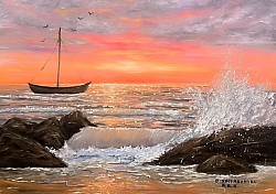 Морски залез и лодка маслена картина. Ах, морето!  Размер 70/60 смс рамка - 400 лв.-204,50 евро