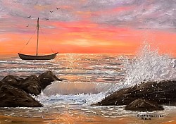 Морски залез и лодка маслена картина. Ах, морето!  Размер 70/60 смс рамка .-195 евро
