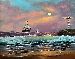 Морски залез и корабче маслена картина. МОРСКИ МИГОВЕ НА СВЕЧЕРЯВАНЕ.70/60 см.-400 лв.