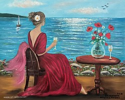 Жена с червена рокля и шампанско край морето маслена картина. ЩАСТЛИВИ МИГОВЕ КРАЙ МОРСКИЯ БРЯГ. размер 70/60 см. - 180 евро