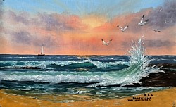 Август, здравей - морски изгрев и чайки маслена картина. Размер с рамка 65/40 - 250 лв-127,80 евро