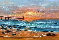 Изгрев над Бургаския мост маслена картина. Тихо утро. - размер 60/40 с рамка - 220 лв-110евро.