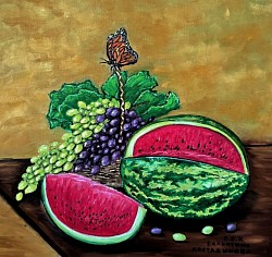 Натюрморт с диня и грозде маслена картина. Мирисът на лятото. Размер 50/50 см с рамка - 195 евро