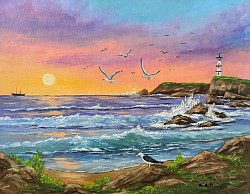 Морски пейзаж с чайки и морски залез маслена картина. ЗАЛИВЪТ НА ЧАЙКИТЕ. Размер 60/50 см. с рамка - 280 лв.