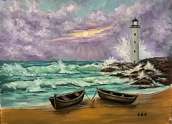 Морски пейзаж с фар и лодки. След всяка буря изгрява слънцето. Размер 70/50 см.с рамка - 320 лв -