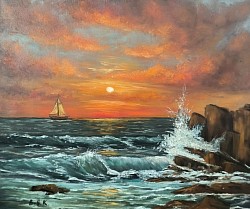 Морски пейзаж залез и вълни  маслена картина. ЗДРАЧ. Размерс рамка70/60 см.- 320 лв-170евро.