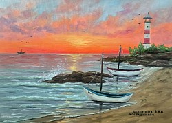 Морски пейзаж с лодки и морски фар. Среща край морския фар. Размер с рамка 70/50 см.- 190 евро