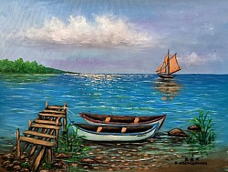 Старият дървен кей. Морски пейзаж с лодки маслена картина. Размер с рамка 60/50 см - 250 лв-127,80 евро.