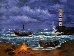Рибарски огън - морски пейзаж с лодки и фар маслена картина. Размер с рамка 70/60 см - 400 лв.-204,50 евро