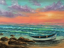 Морски пейзаж съз залез и лодка маслена картина. ЛЯТО 2025 - Размер 70/50 см с рамка - 300 лв.-153,60евро