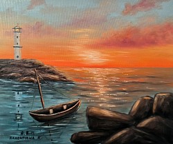 Морски пейзаж залез маслена картина. ПОСЛЕДНАТА ЦЕЛУВКА НА ЗАЛЕЗА. Размер с рамка 60/50 см -128 евро