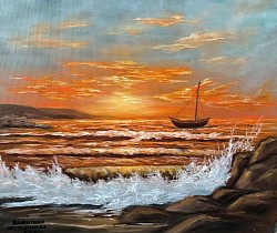 Морски залез и лодка маслена картина пейзаж.ЗЛАТНИ ХОРИЗОНТИ.  Размер с рамка 60/50 см-127  евро