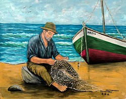Рибар на морския бряг маслена картина.. След улова. Размер с рамка 70/60 см- 480 лв.