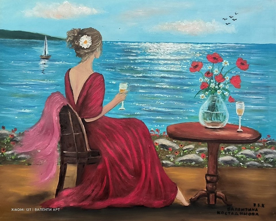 Животът е прекрасен. Жена с червена рокля.Маслена картина. Авторски картини с маслени бои. Цена 350 лв - 180 евро70/60 см. с рамка.