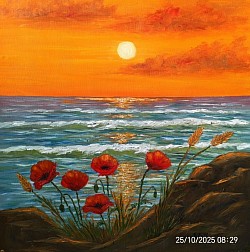 Море и макове. Цена - 179  евро 65/65 см.Оригинална картина с маслени бои върху платно от художник