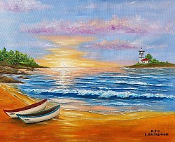Морски залез и лодки. Райско кътче. маслена картина. Размер 70/60 см с рамка - 320 лв.-163,62евро