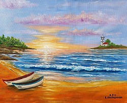 Морски залез и лодки. Райско кътче. маслена картина. Размер 70/60 см с рамка .не е налична