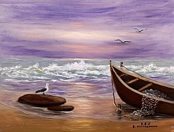 Морски пейзаж с лодка и чайка. Не е налична.