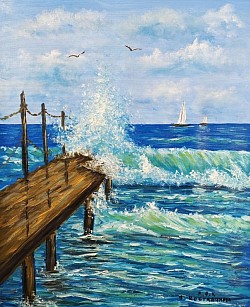 Бушуващи морски вълни до стария кей маслена картина. Размер 60/70 см .-не е налична