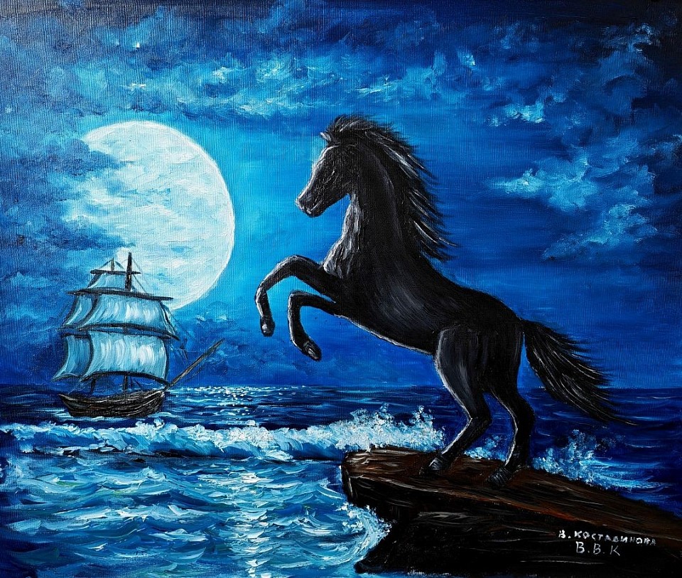Лунна нощ над морето и черен кон маслена картина 70/60 см- 400 лв.
