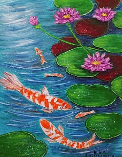 Водни лилии и рибки Кои маслена картина .70/60 см с рамка - 164 евро