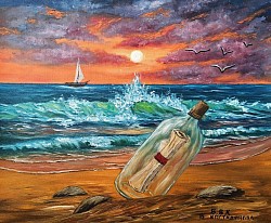 Морски пейзаж залез. Писмо в бутилка маслена картина 70/60 см с рамка -164 евро.