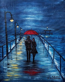 Бургаският мост маслена картина. Чадър за двама. 70/60 см с рамка -153 евро.