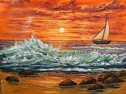 .Морски пейзаж с голяма морска вълна и кораб . 70/60 см.- 195  evro.