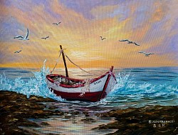 Морски залез и лодка маслена картина. Солена целувка . 70/60 см с рамка - 190 евро