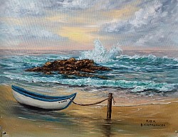 Море и лодка. Морска история маслена картина 70/60 см-190 евро
