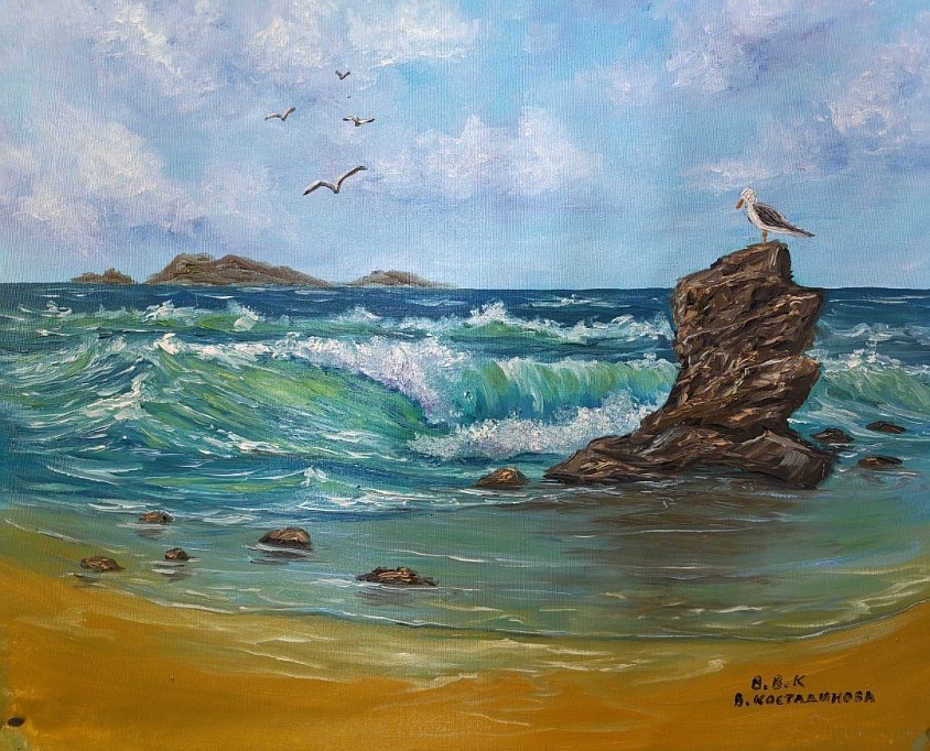 Морски щтрихи . Морски  вълни и гларус маслена картина- 280 евро.