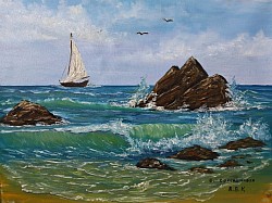 Море, скали и вълни. МОРСКИ ВЯТЪР - маслена картина 70/60 см. - 280 евро