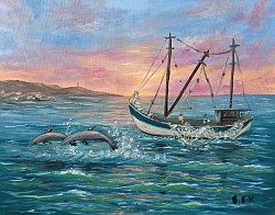 Море и делфини маслена картина. ПО ПЪТЯ НА ДЕЛФИНИТЕ 70/60 см- 220 евро