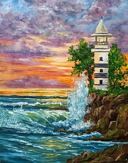 Морски фар и морски залез маслена картина. Тайната на фара 70/60 см -280 евро