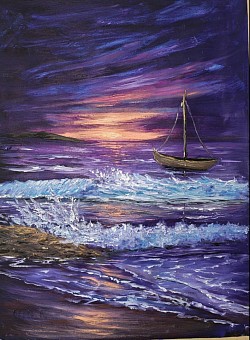 Морски залез и лодки. Лилав здрач. маслена картина. Размер 65/55 см с рамка .-180 евро